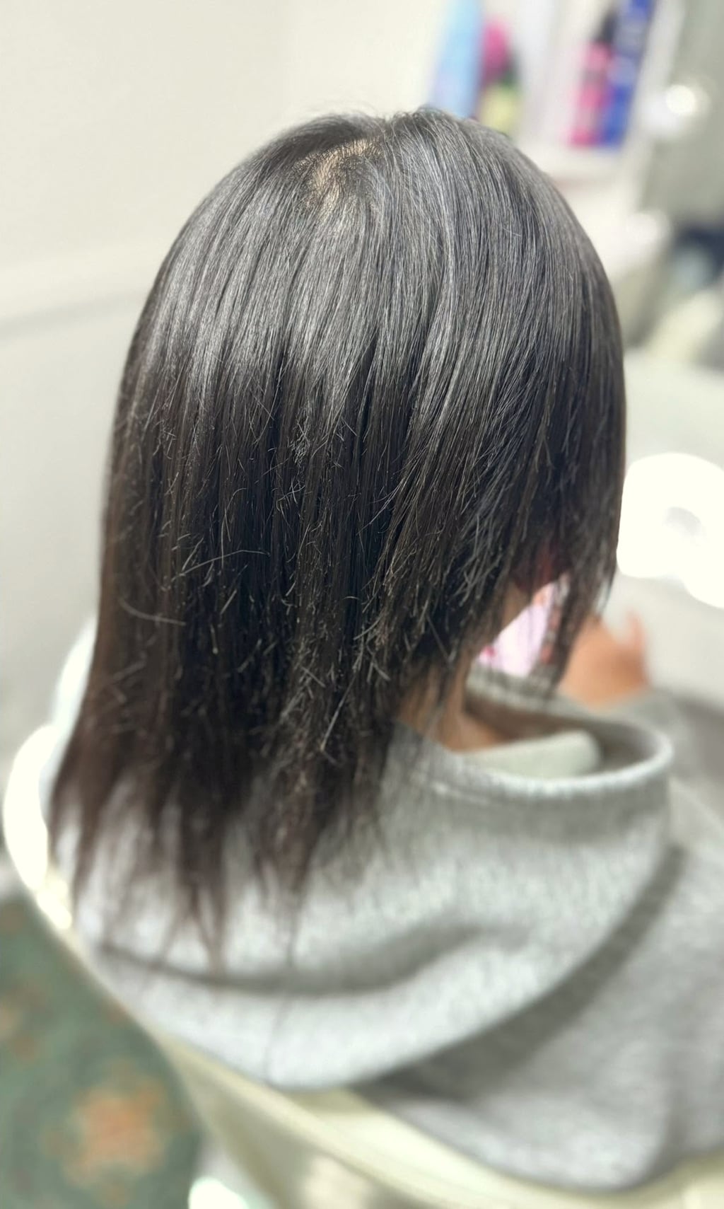 Before - Keratin Bond Hair Extensions – Jet Black – Dagenham Client – Added 24 Inches of Sleek Length