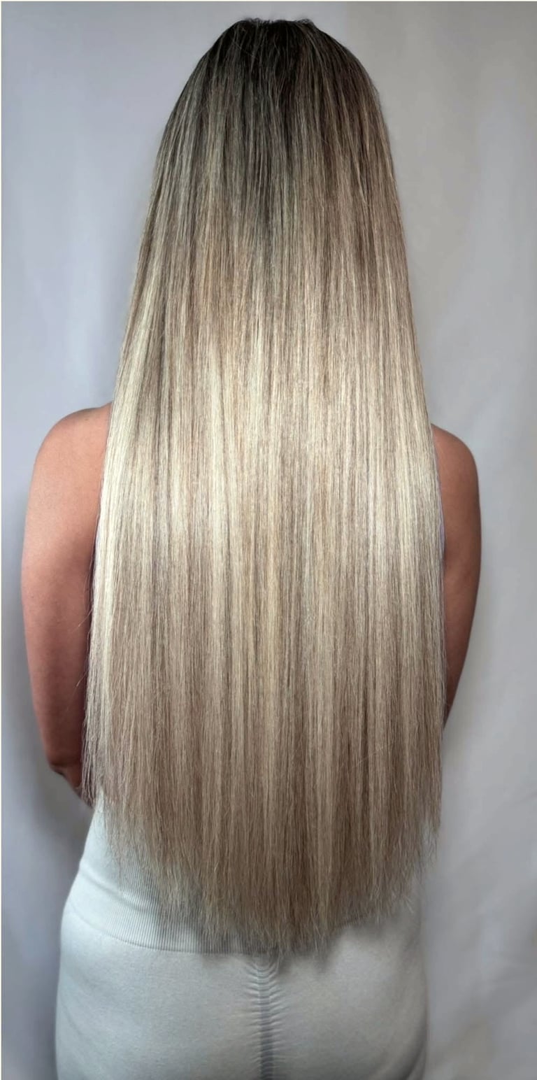 After - Keratin Bond Hair Extensions – Ash Blonde Blend – Ilford Client – Added 24 Inches of Dimensional Length