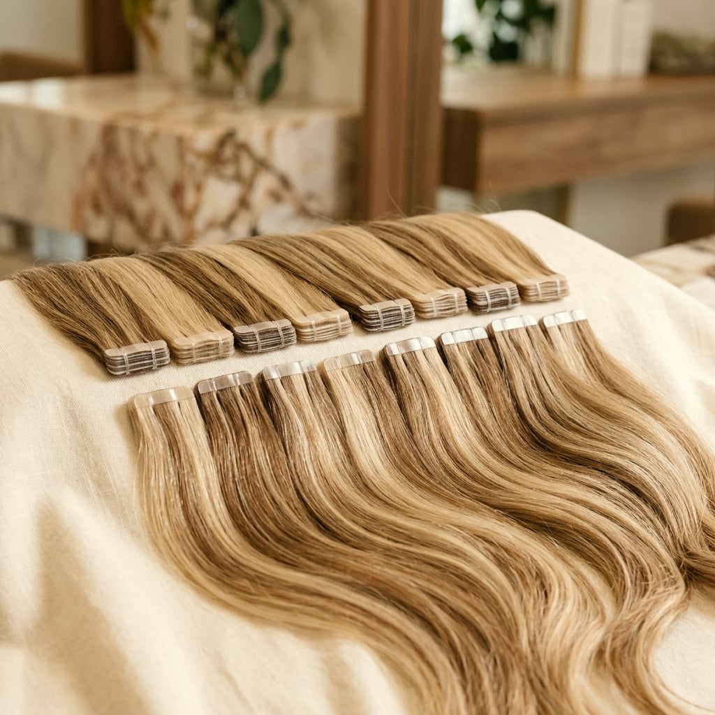 A single chestnut-brown tape-in hair extension weft displayed on a soft pink surface, showing the quality and finish of the premium natural hair used for tape-in extensions.